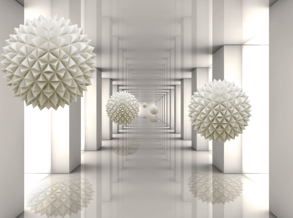 Salle blanche avec colonnes blanches et boules blanches Salle blanche avec colonnes blanches et boules blanches