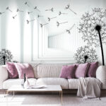 Papier peint Fille faisant du vélo dans une pièce avec des pissenlits