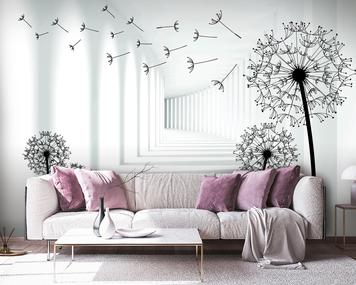 Girl riding a bike in a room with dandelions Girl riding a bike in a room with dandelions