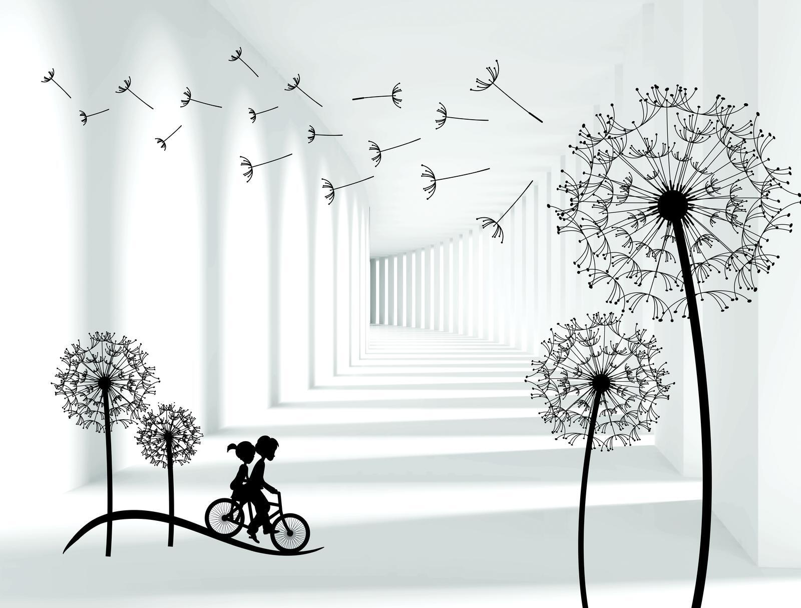 Girl riding a bike in a room with dandelions Girl riding a bike in a room with dandelions