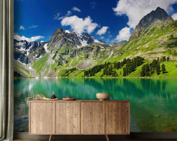 Plan d'eau avec montagnes et arbres Papier peint Plan d'eau avec montagnes et arbres