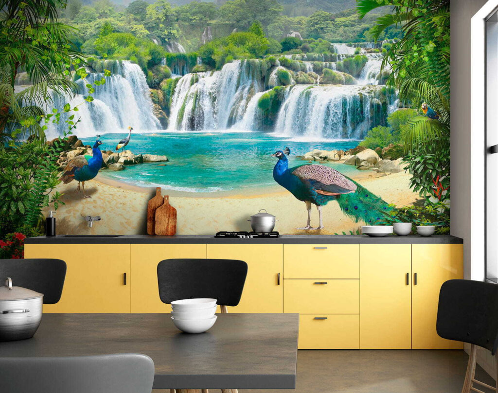 Waterfall and birds in a forest