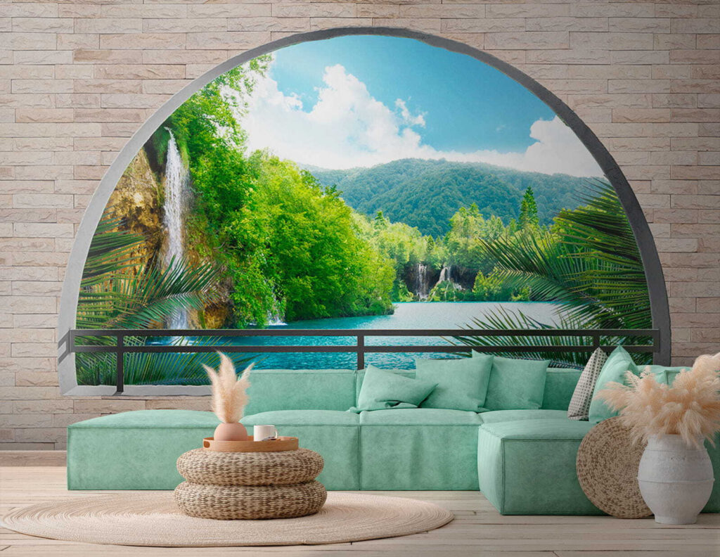 Window with a waterfall and trees