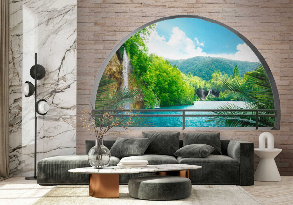 Window with a waterfall and trees