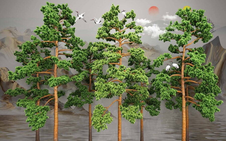 Groupe d'arbres avec des oiseaux volant au-dessus d'eux
