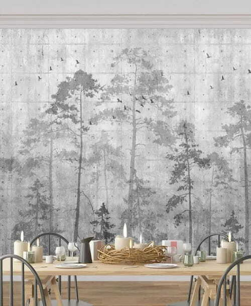 Mur gris avec arbres et oiseaux