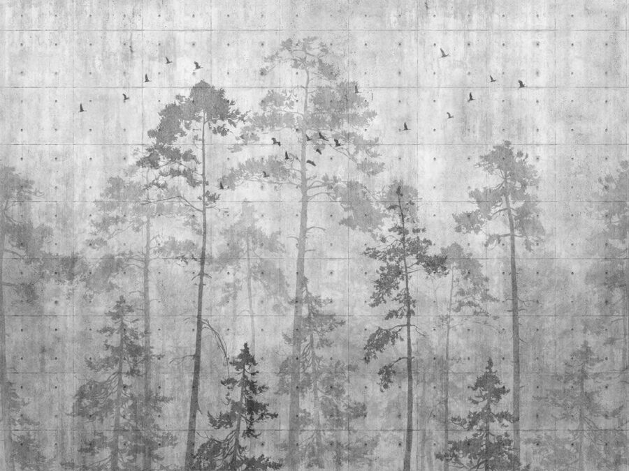 Mur gris avec arbres et oiseaux
