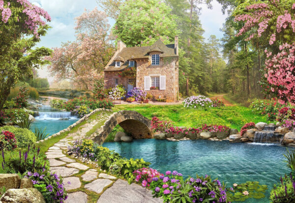 Pont en pierre au-dessus d'un étang avec une maison et des arbres Pont en pierre au-dessus d'un étang avec une maison et des arbres
