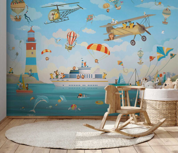 Animaux de dessins animés survolant un bateau Animaux de dessins animés survolant un bateau