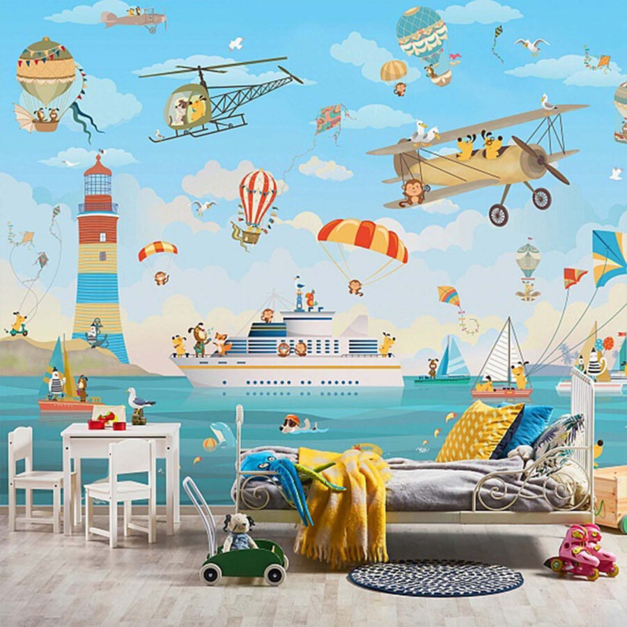 Animaux de dessins animés survolant un bateau Animaux de dessins animés survolant un bateau