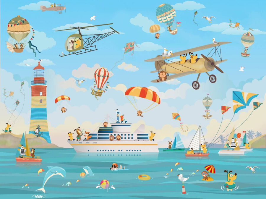 Animaux de dessins animés survolant un bateau Animaux de dessins animés survolant un bateau