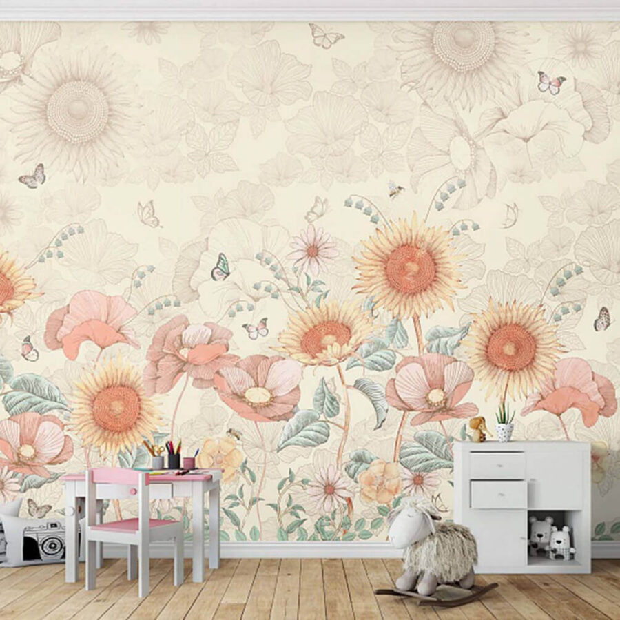 Papier peint avec des fleurs et des papillons u62418pir1m 900x900 - Papier peint avec des fleurs et des papillons - tegory