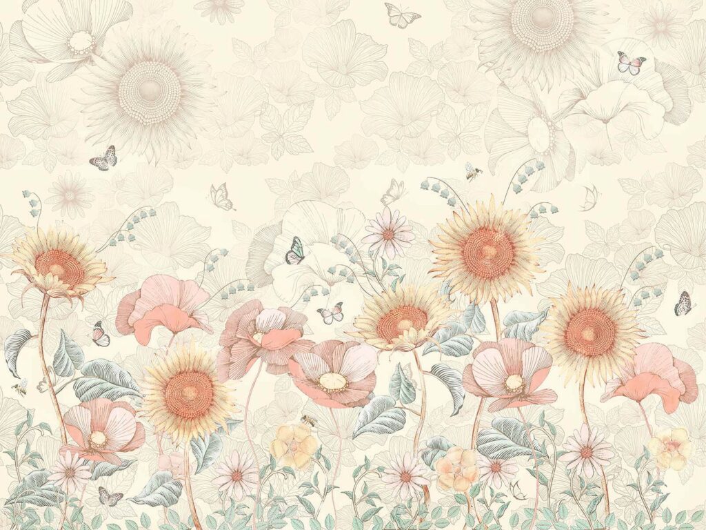 Papier peint avec des fleurs et des papillons Papier peint avec des fleurs et des papillons