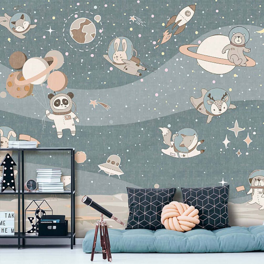 Cartoon space scene with planets and stars