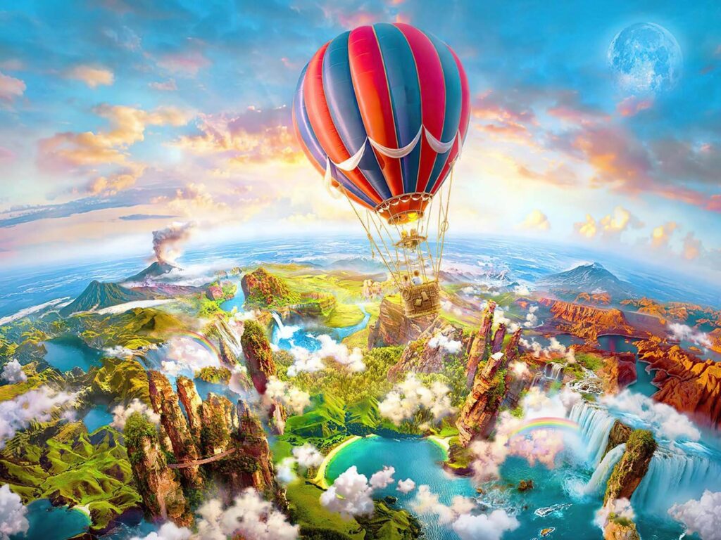Montgolfière au-dessus d'un paysage Montgolfière au-dessus d'un paysage
