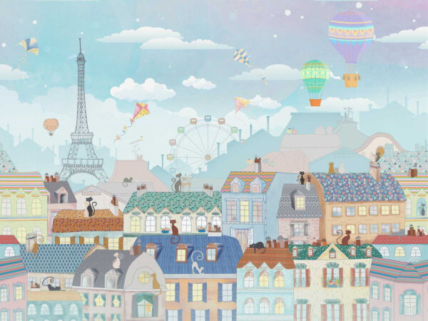 Ville de dessin animé avec de nombreux bâtiments et des montgolfières Ville de dessin animé avec de nombreux bâtiments et des montgolfières