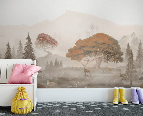 Peinture d'une forêt avec des arbres et des montagnes u62117pir1m 600x489 - Peinture d'une forêt avec des arbres et des montagnes - tegory