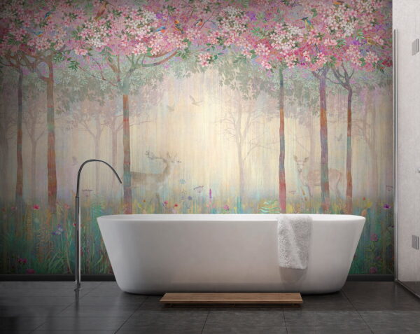 Peinture d'une forêt avec des arbres et des fleurs Peinture d'une forêt avec des arbres et des fleurs