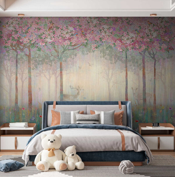 Peinture d'une forêt avec des arbres et des fleurs Peinture d'une forêt avec des arbres et des fleurs