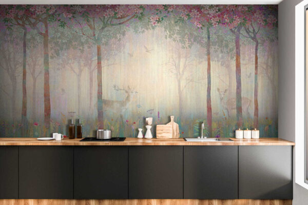 Peinture d'une forêt avec des arbres et des fleurs Peinture d'une forêt avec des arbres et des fleurs
