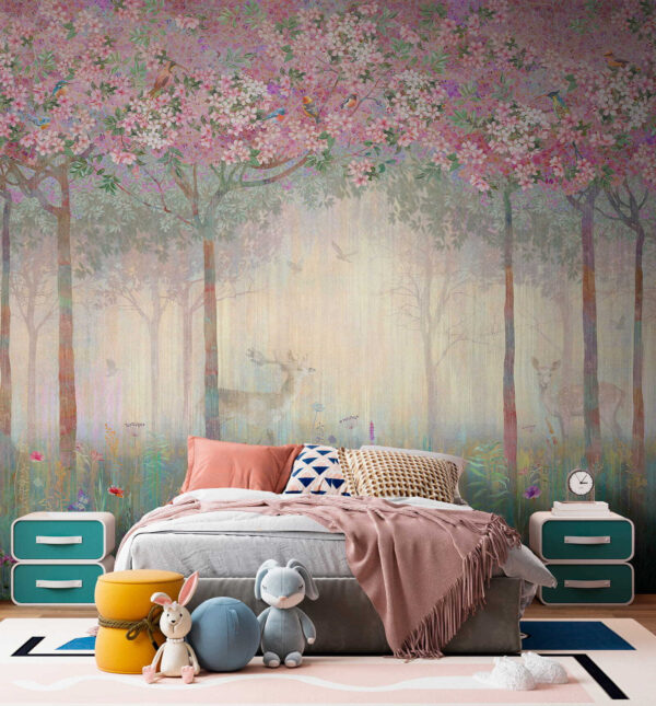 Peinture d'une forêt avec des arbres et des fleurs Peinture d'une forêt avec des arbres et des fleurs