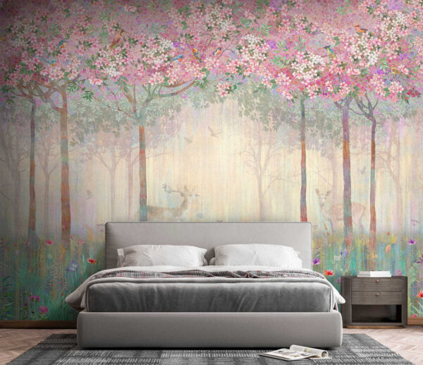 Peinture d'une forêt avec des arbres et des fleurs Peinture d'une forêt avec des arbres et des fleurs