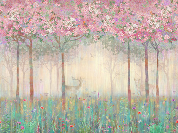 Peinture d'une forêt avec des arbres et des fleurs Peinture d'une forêt avec des arbres et des fleurs
