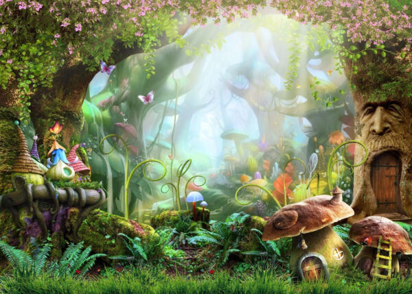 Forêt de conte de fées avec maison de fée et champignons Forêt de conte de fées avec maison de fée et champignons