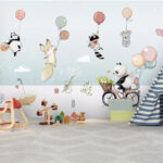 Papier peint Caricature d'animaux sur une bicyclette