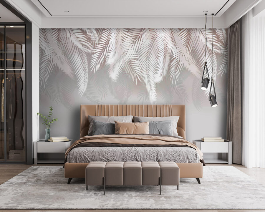 Papier peint Feuilles blanches sur fond gris