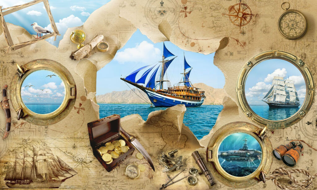 Carte au trésor des pirates avec un bateau dans l'eau Carte au trésor des pirates avec un bateau dans l'eau