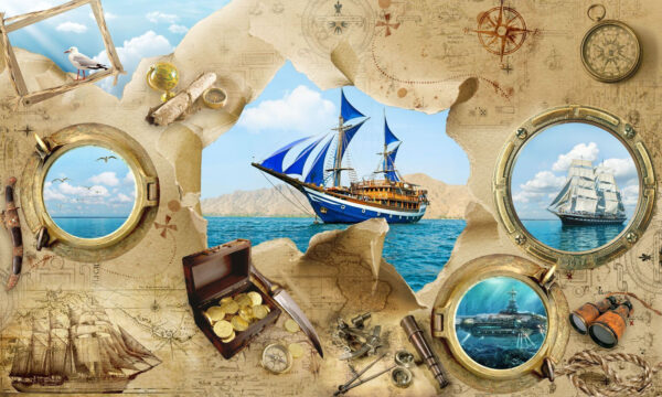 Carte au trésor des pirates avec un bateau dans l'eau Carte au trésor des pirates avec un bateau dans l'eau