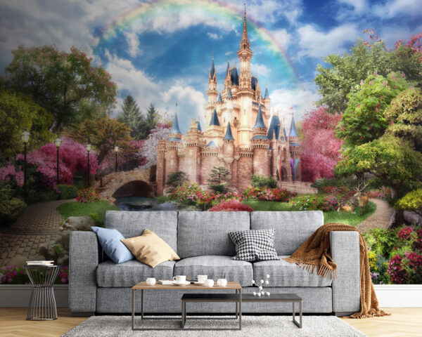 Château avec un étang et un arc-en-ciel Château avec un étang et un arc-en-ciel