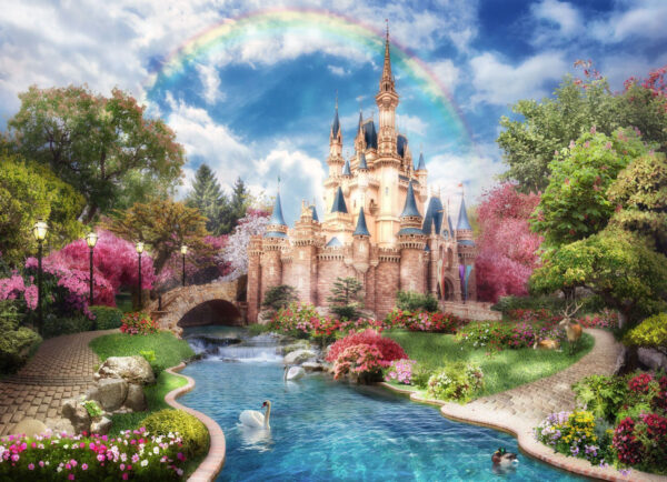 Château avec un étang et un arc-en-ciel Château avec un étang et un arc-en-ciel