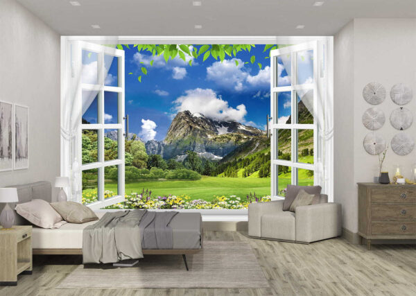 Fenêtre avec vue sur une chaîne de montagnes et des arbres Fenêtre avec vue sur une chaîne de montagnes et des arbres