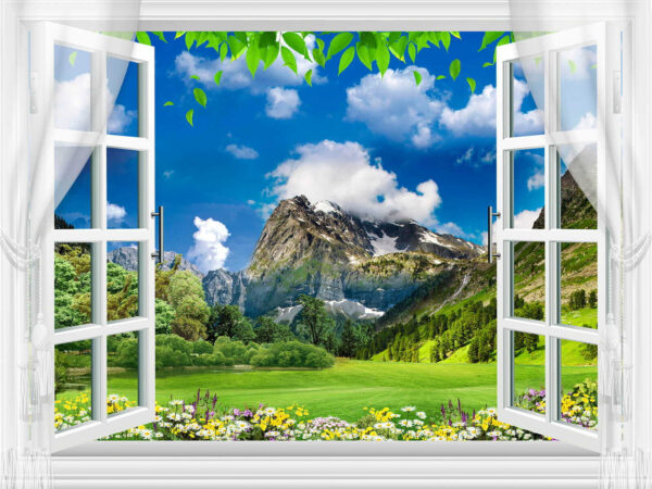 Fenêtre avec vue sur une chaîne de montagnes et des arbres Fenêtre avec vue sur une chaîne de montagnes et des arbres