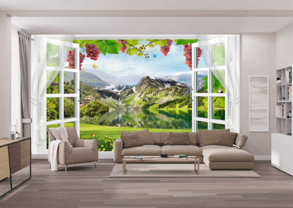 Fenêtre avec vue sur un lac et des montagnes Fenêtre avec vue sur un lac et des montagnes