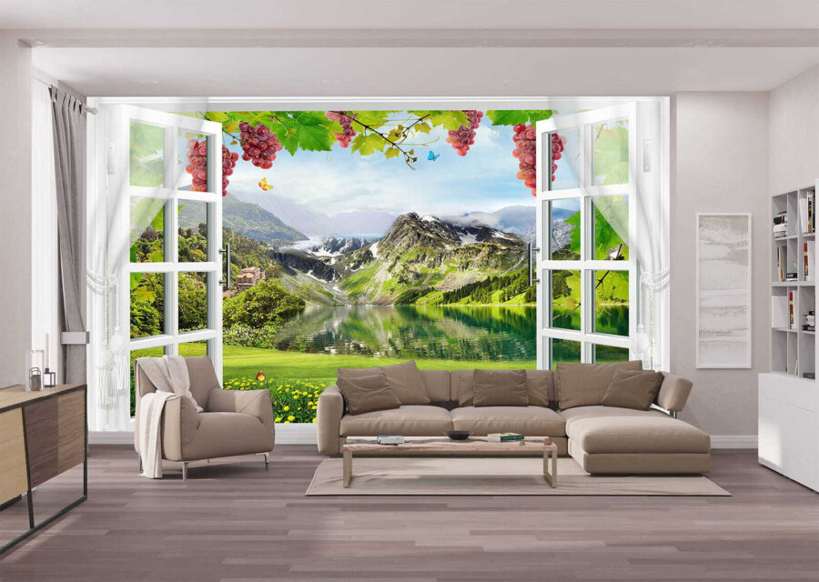 Fenêtre avec vue sur un lac et des montagnes