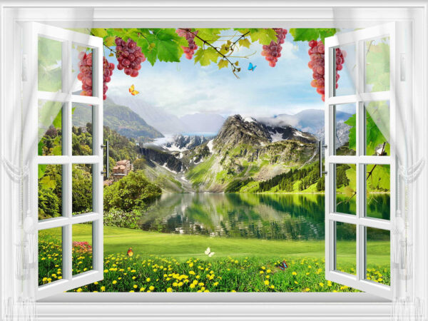 Fenêtre avec vue sur un lac et des montagnes Fenêtre avec vue sur un lac et des montagnes