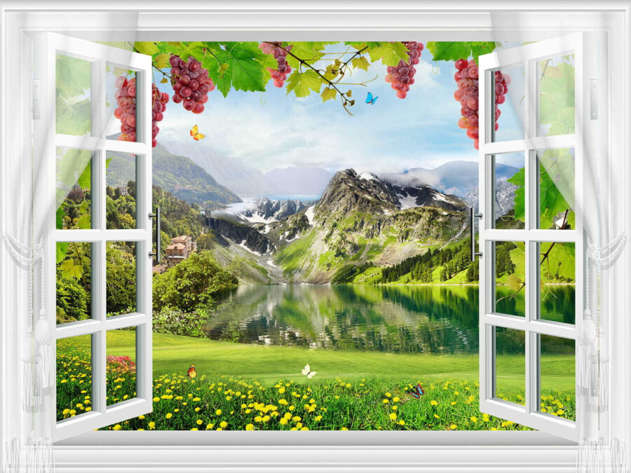 Fenêtre avec vue sur un lac et des montagnes