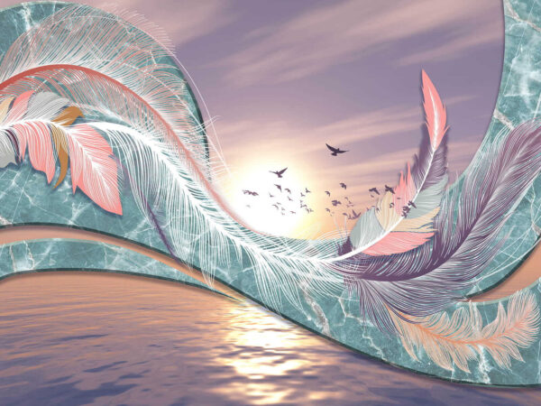 Plumes colorées et oiseaux volant au-dessus de l'eau Plumes colorées et oiseaux volant au-dessus de l'eau