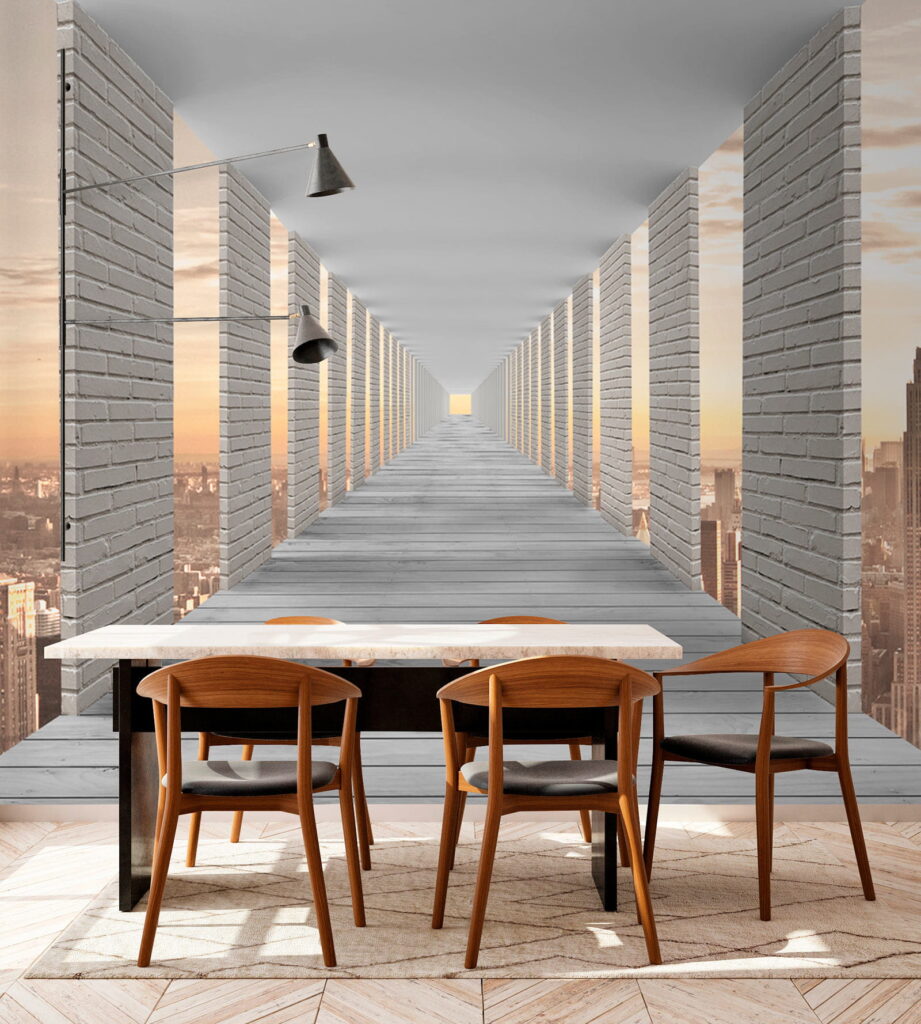Long walkway with pillars and a city in the background Long walkway with pillars and a city in the background