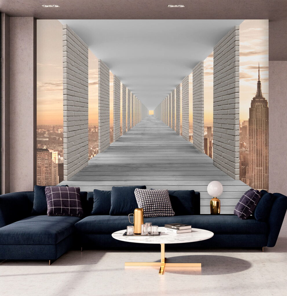 Long walkway with pillars and a city in the background Long walkway with pillars and a city in the background