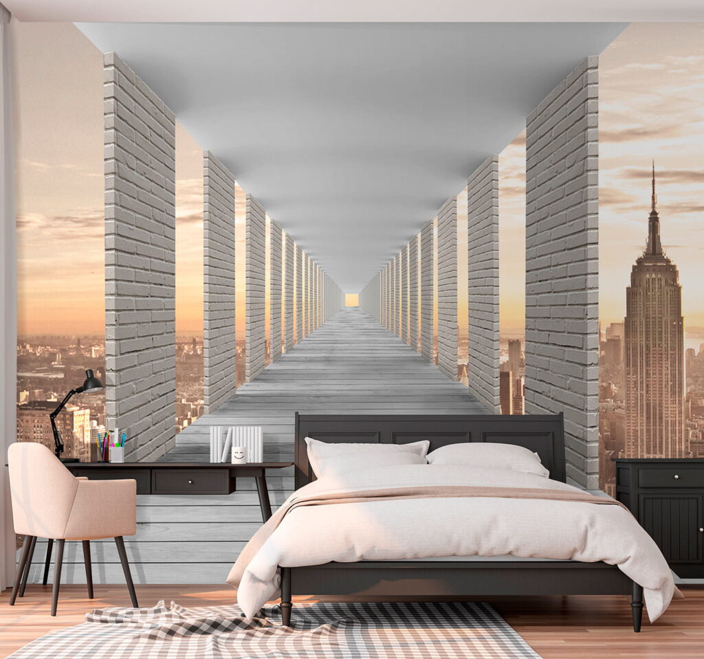 Long walkway with pillars and a city in the background Long walkway with pillars and a city in the background