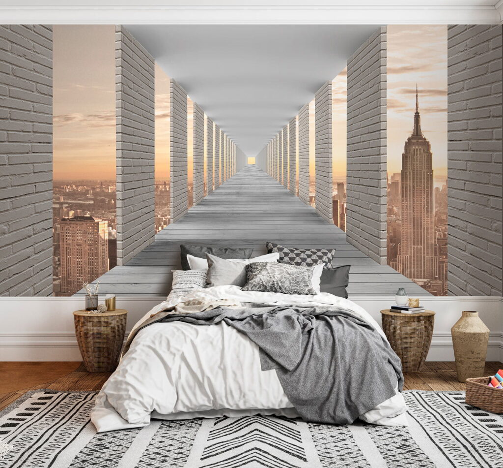 Long walkway with pillars and a city in the background Long walkway with pillars and a city in the background