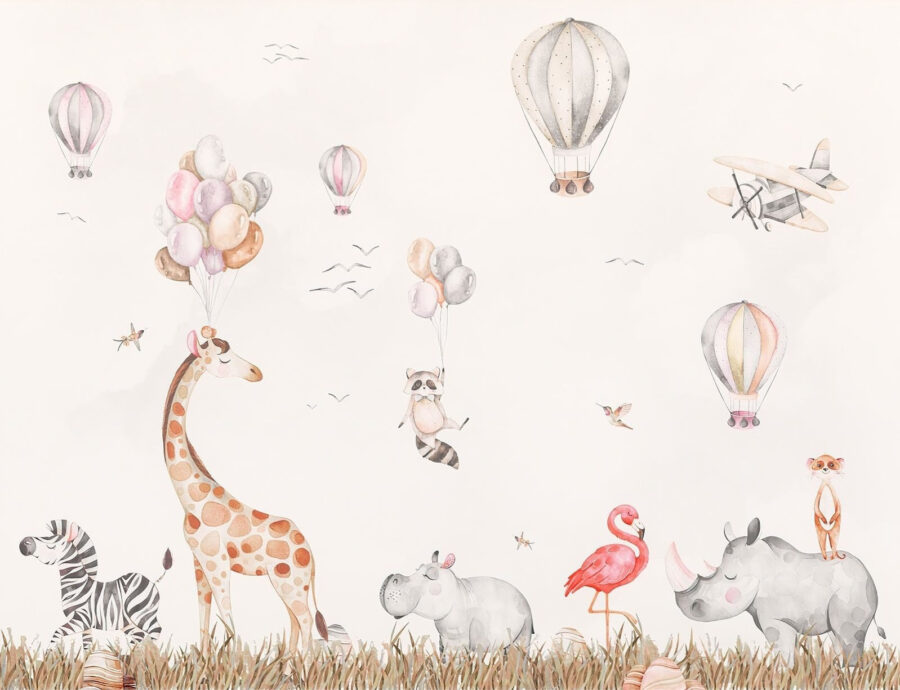 Peinture murale d'animaux et de montgolfières