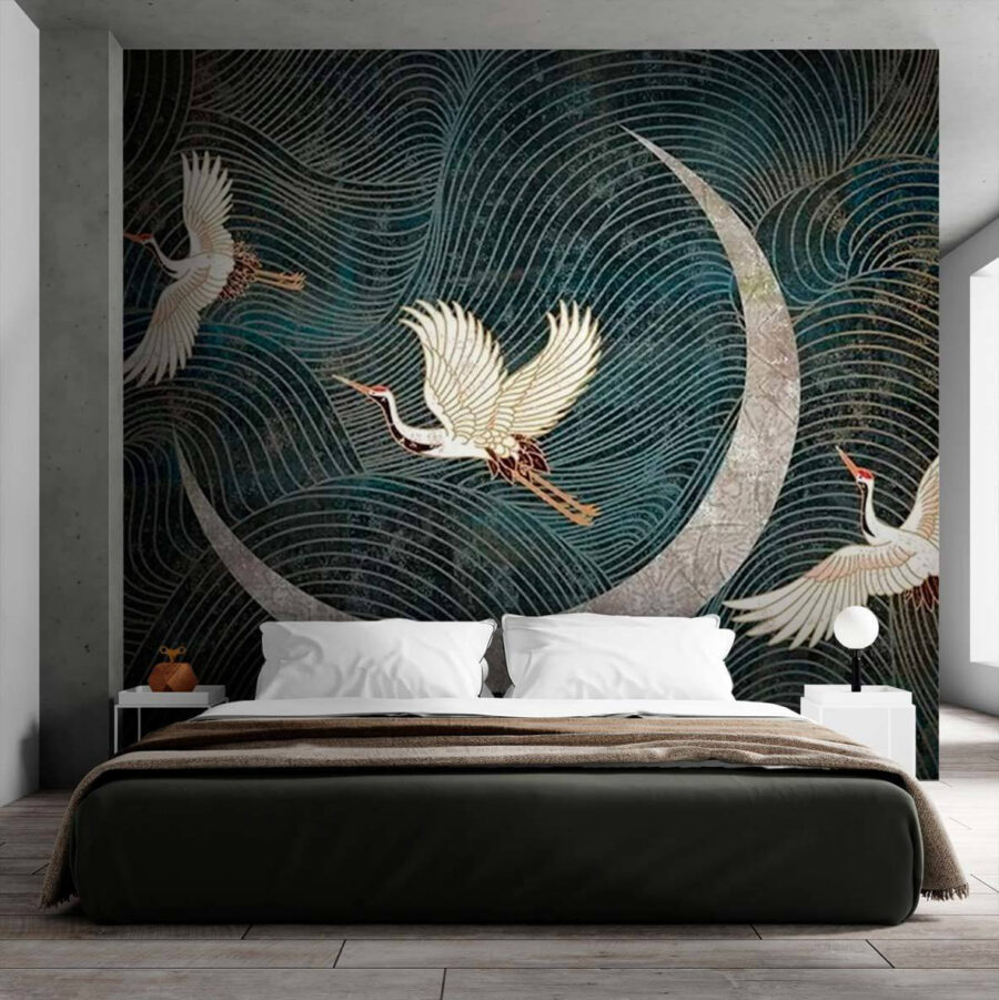 Peinture d'oiseaux volant au-dessus d'un croissant de lune