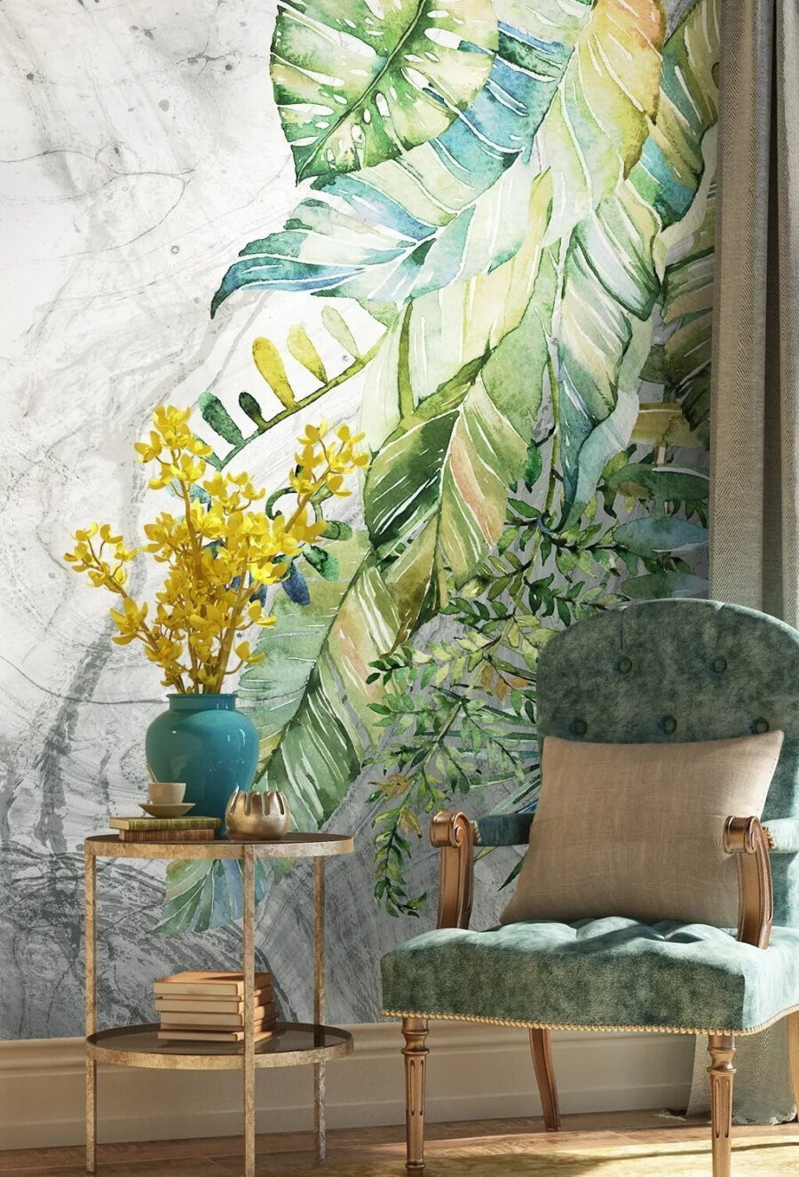 Peinture de feuilles sur une surface marbrée