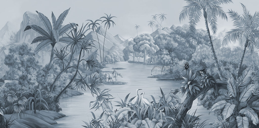 Une rivière avec des zèbres et des montagnes Une rivière avec des zèbres et des montagnes