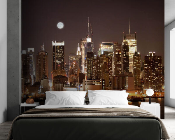Ligne d'horizon de la ville la nuit avec la lune dans le ciel Ligne d'horizon de la ville la nuit avec la lune dans le ciel